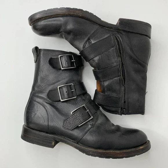 Frye Natalie Triple Buckle Ankle Short Boots Black Booties Womens 8 - Picture 8 of 16